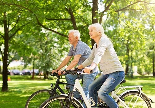 An elderly couple riding bicycles in the park.